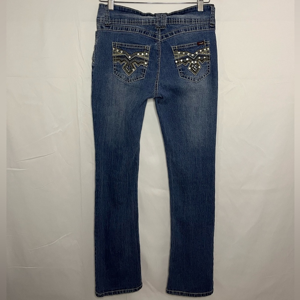 Angels Y2K Boot Cut Jeans with Embellished Pockets - Medium Blue